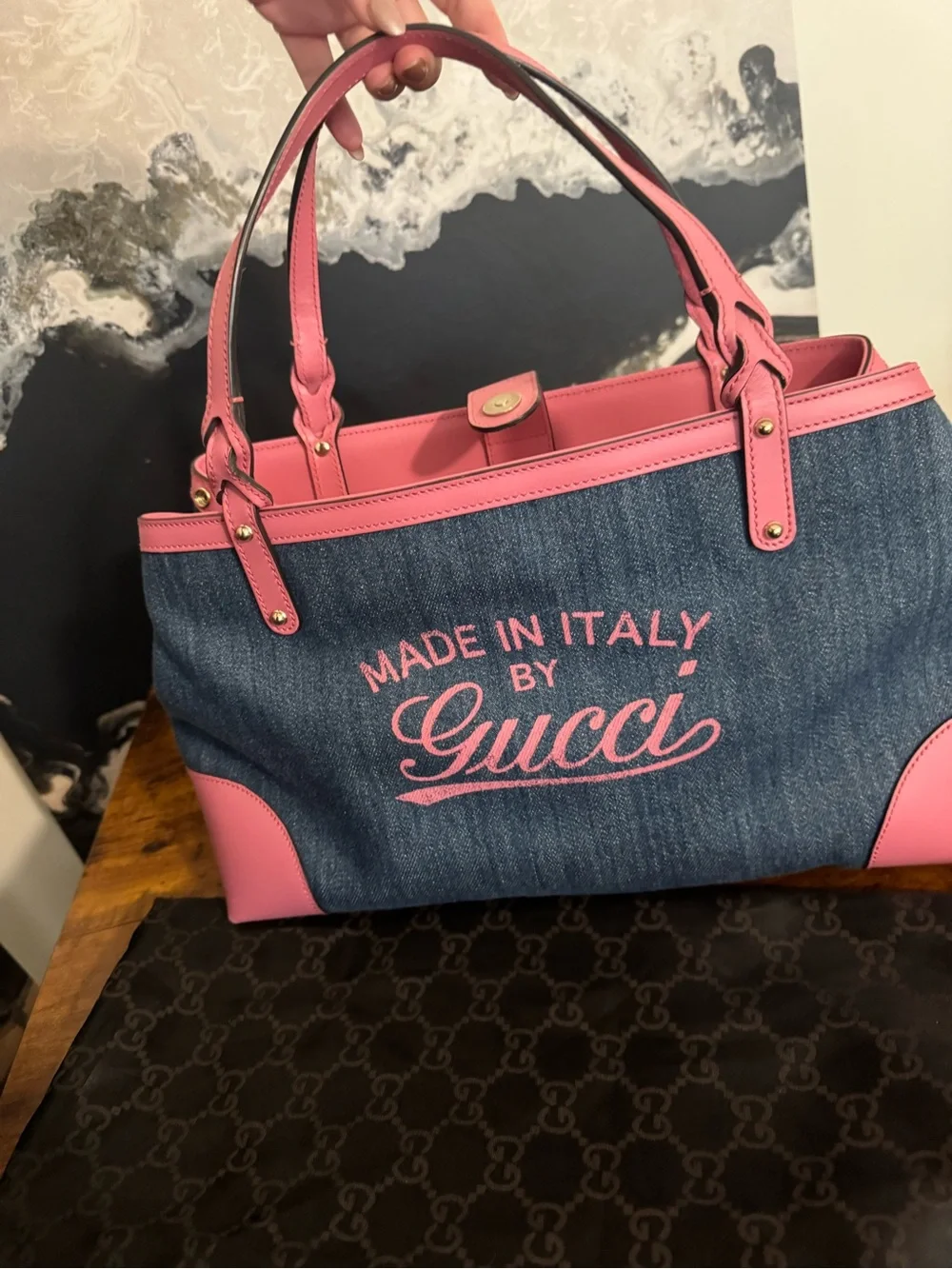 Gucci Denim Tote with Pink Leather Trim